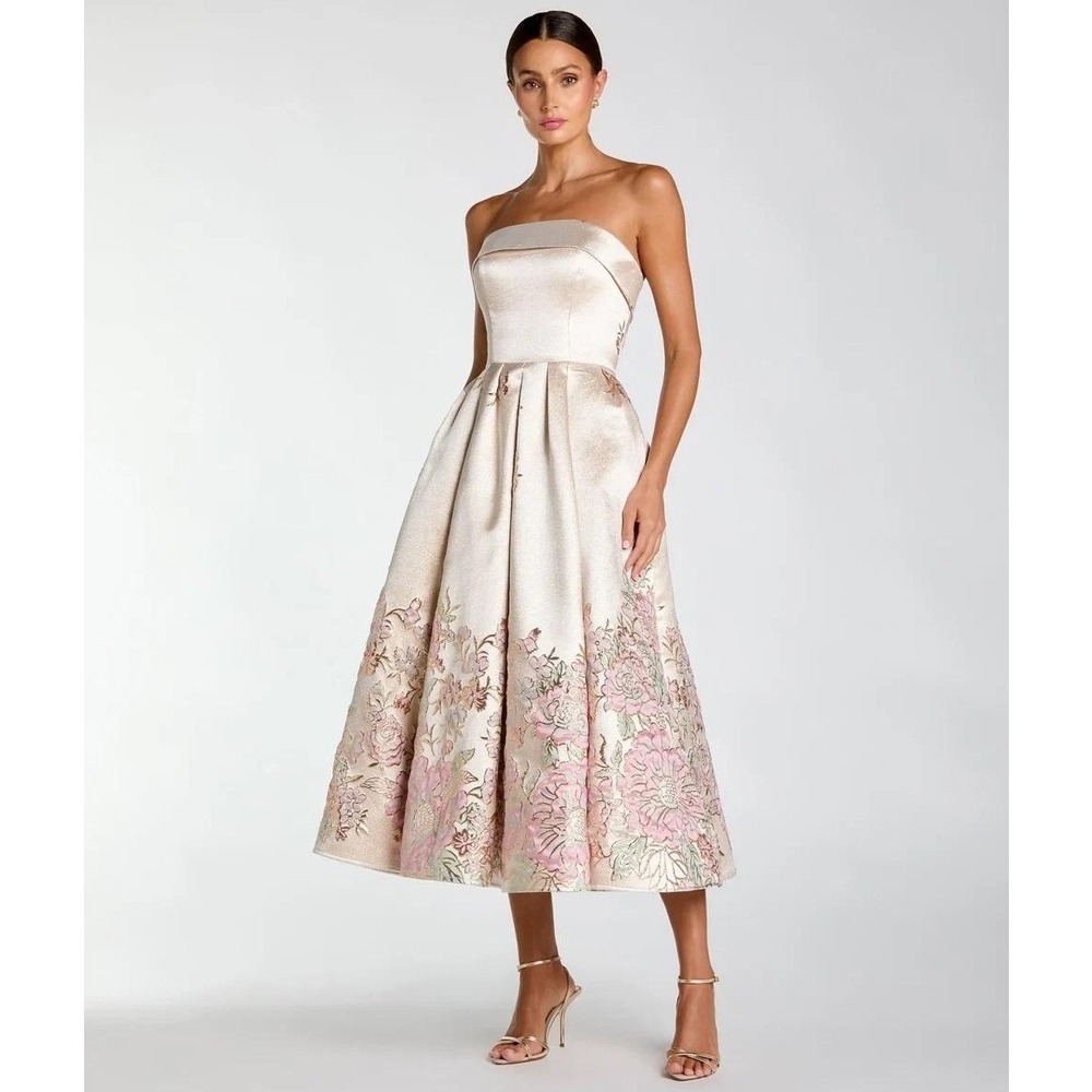 Mac Duggal Champagne Strapless Brocade A Line Midi Dress $598 - Size 12